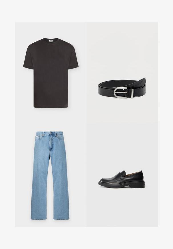 T-shirt noir basique à manches courtes et col rond avec un design de revers plié sur les manches, présenté sur fond blanc.; Jean en denim bleu clair coupe droite à cinq poches avec fermeture à boutons à la taille, présenté sur un fond uni.; Chaussure habillée noire en cuir, à enfiler, avec un petit talon et un logo Calvin Klein discret sur le côté, présentée de profil sur un fond blanc.; Ceinture en faux cuir noir avec texture crocodile et boucle ronde en argent, enroulée sur un fond blanc uni.