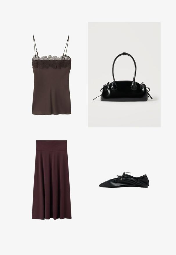 Débardeur marron sans manches avec fines bretelles et délicate dentelle le long de l'encolure.; Jupe midi bordeaux en tissu doux avec une large ceinture élastique. Présente une coupe fluide qui se resserre légèrement vers l'ourlet.; Ballerine plate en cuir noir avec bout froncé et lacet à nouer orné d'embouts métalliques, vue latérale minimaliste et élégante.; Petit sac à main noir brillant avec deux longues anses et des détails à cordon sur les côtés sur un fond clair uni.