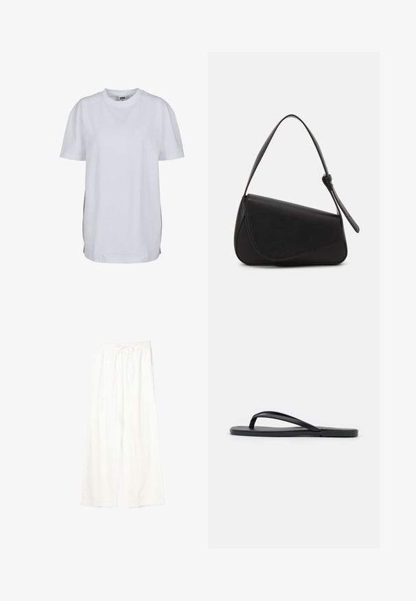 Effen wit T-shirt met korte mouwen en ronde hals, met een rechte zoom en een klein zichtbaar merklabel binnenin de kraag.; Witte wijde broek met elastische tailleband en trekkoord, gemaakt van lichtgewicht stof.; Zwarte flip-flop met een minimalistisch ontwerp, een platte zool, smalle banden en een gladde textuur. Geen extra patronen of accenten.; Zwart leren handtas met een driehoekige vorm, schuine klep en een ronde handgreep. Heeft een gladde textuur en minimalistische ontwerpelementen.