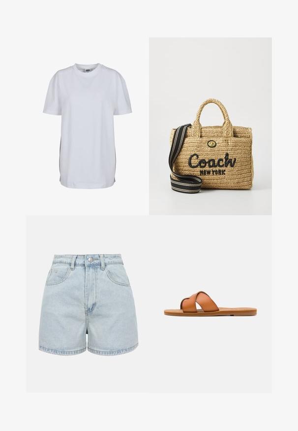 Effen wit T-shirt met korte mouwen en ronde hals, met een rechte zoom en een klein zichtbaar merklabel binnenin de kraag.; Lichtblauwe denim shorts met hoge taille, voorste knopen, ritssluiting en twee voorzakken, afgebeeld op een effen achtergrond.; Bruine leren slidesandaal met kruisschouderbandjes, platte zool, fijne textuur en minimalistisch ontwerp voor casual gebruik.; Geweven rieten handtas met dubbele handvatten bovenaan, zwart geborduurd "Coach New York" logo, gouden hardware en een afneembare gestreepte schouderriem.