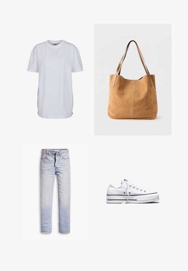 Effen wit T-shirt met korte mouwen en ronde hals, met een rechte zoom en een klein zichtbaar merklabel binnenin de kraag.; Lichtblauwe denim jeans met een straight leg ontwerp, voorzien van een knoopgulp, vijf zakken en subtiele vervaging langs de benen.; Witte lage canvas sneaker met witte veters, zwarte strepen op de zool en een rubberen, getextureerde neuskap, zijaanzicht op een witte achtergrond.; Beige suède totebag met lange lichtbruine leren hengsels, zachte textuur en eenvoudige stiksels op een effen witte achtergrond.