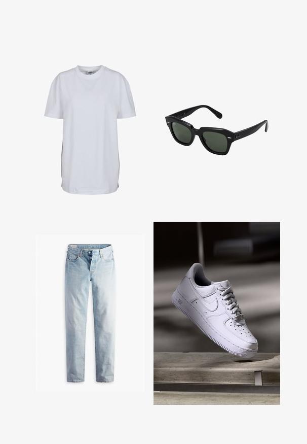 Effen wit T-shirt met korte mouwen en ronde hals, met een rechte zoom en een klein zichtbaar merklabel binnenin de kraag.; Lichtblauwe spijkerbroek met een rechte pijp, vijf zakken en metalen knoopsluitingen op een standaard tailleband.; Witte Nike Air Force 1 sneaker die zweeft boven een betonnen oppervlak met schaduwen in een minimalistische setting.; Zwarte vierkante zonnebril met donker groene lenzen, uitgerust met gedurfde monturen en zilveren accenten aan de zijkanten. Gemaakt in Italië.