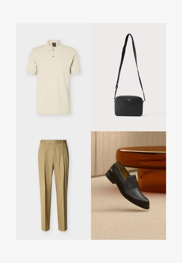 Polo beige à manches courtes avec deux boutons, coupe régulière, et petit logo « BOSS » sur le côté gauche de la poitrine.; Pantalon beige ajusté avec passants de ceinture et pli frontal, présenté sur un fond clair uni.; Mocassin en cuir noir à talon bas flottant au-dessus d'un sol moquetté beige près d'une table ronde marron.; Sac bandoulière rectangulaire noir avec sangle réglable et logo BOSS sur le devant, sur un fond clair uni.