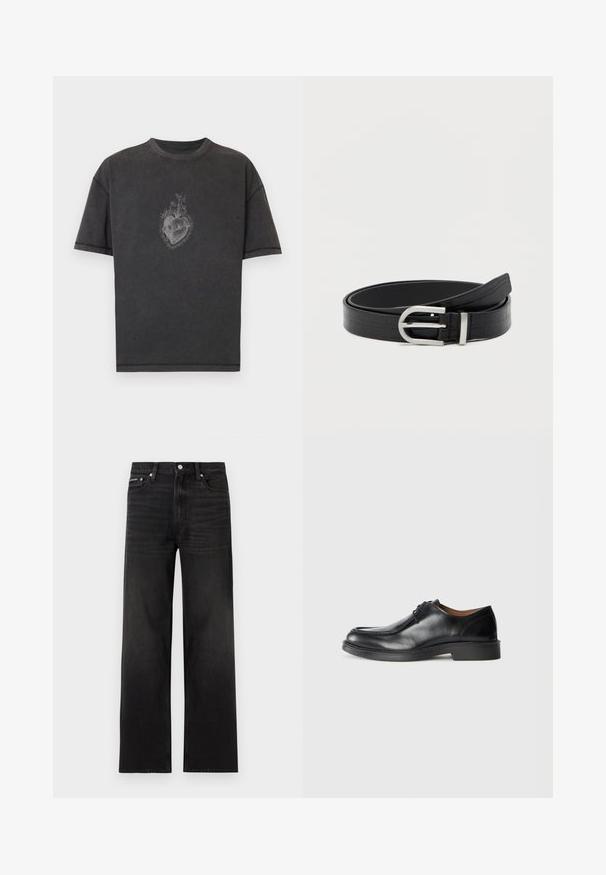 Μαύρο βαμβακερό T-shirt με χαλαρή εφαρμογή, με γραφικό σχέδιο στην κορυφή που απεικονίζει μια καρδιά με λουλούδια και κρανία στο κέντρο. Ορατή λεπτομέρεια ραφής.; Μαύρα τζιν με ευθεία γραμμή, σχεδίαση πέντε τσεπών, θηλιές για ζώνη και κλείσιμο με κουμπί, παρουσιασμένα σε λευκό φόντο.; Μαύρο δερμάτινο παπούτσι φορέματος με στρογγυλή μύτη, λεία επιφάνεια, δερμάτινες λεπτομέρειες και χαμηλή, υφασμένη καουτσούκ σόλα. Καθαρές γραμμές και μίνιμαλ σχεδίαση.; Μαύρη ψεύτικη δερμάτινη ζώνη με υφή κροκό και ασημένια στρογγυλή αγκράφα, τυλιγμένη σε απλή λευκή επιφάνεια.