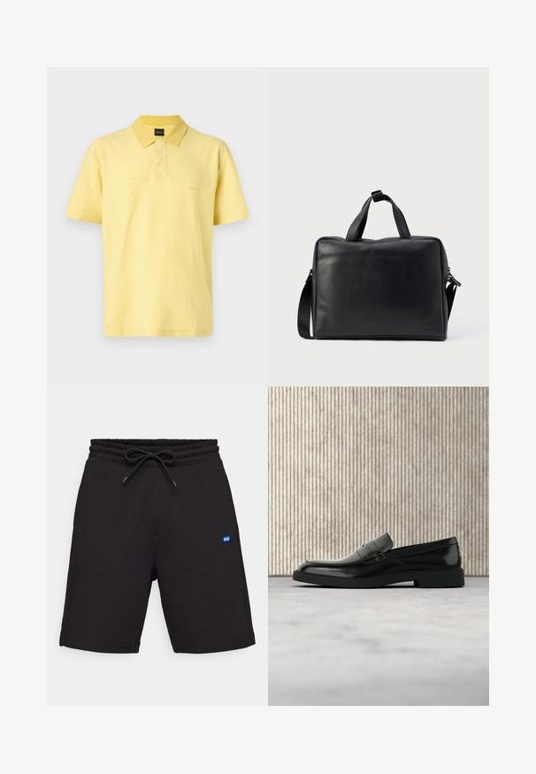 Camisa polo amarilla de algodón, con cuello abotonado, mangas cortas y un sutil logo bordado en el pecho.; Pantalones cortos de algodón negros con cintura de cordón, que presentan bolsillos laterales y un pequeño parche de logo azul en la parte frontal. Textura suave.; Zapato loafer de cuero negro pulido flotando sobre una alfombra beige con muebles translúcidos naranjas de fondo.; Bolsa de viaje de cuero negro con forma rectangular, doble asa, correa de hombro desmontable y adornos mínimos.