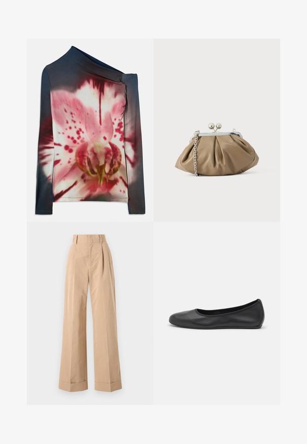 Langærmet top med asymmetrisk halsudskæring, prydet med et pink og hvidt blomstermønster på en mørk gradient baggrund. Fremstillet af strækstof.; Beige bukser med vid ben og høj talje, der har læg og en glat tekstur. Cuffene er foldet, hvilket tilføjer en struktureret detalje.; Sort læderballetsko med rund tå, glat tekstur, minimal syning og et fleksibelt såldesign.; Læderclutch i blød beige med afrundet form, plisseret tekstur, sølvfarvet kiss-lock lukning og aftagelig kæderem.