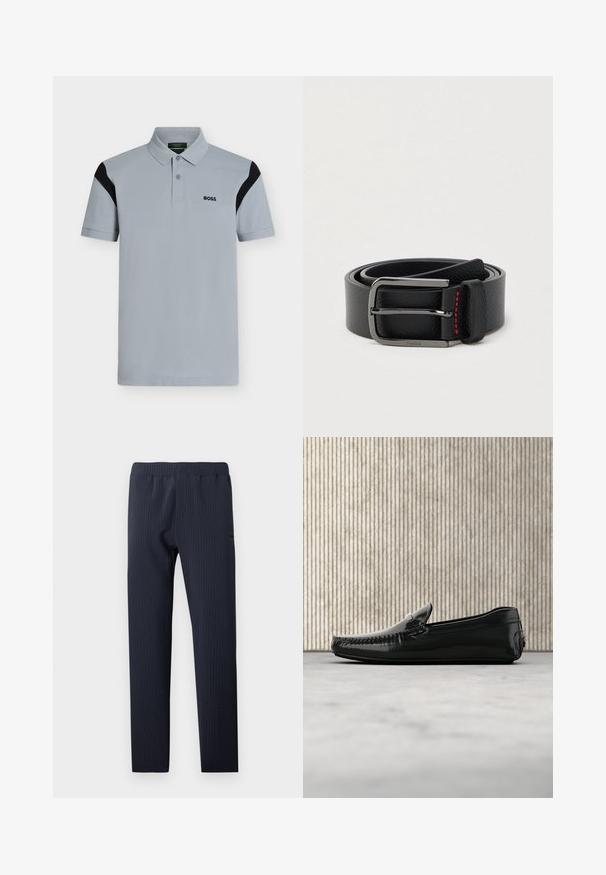 Polo gris clair à manches courtes avec des accents noirs sur les épaules et un logo "BOSS" sur la poitrine gauche, doté d'un col à deux boutons.; Pantalon bleu marine à jambe droite avec taille élastique et texture subtile à rayures verticales, adapté pour une tenue décontractée ou professionnelle.; Mocassins en cuir noir avec une finition brillante, bout rond et quincaillerie décorative à l'avant. Semelle en caoutchouc à profil bas. Texture lisse.; Ceinture en cuir noir avec une boucle argentée et des coutures rouges, enroulée sur un fond clair uni.