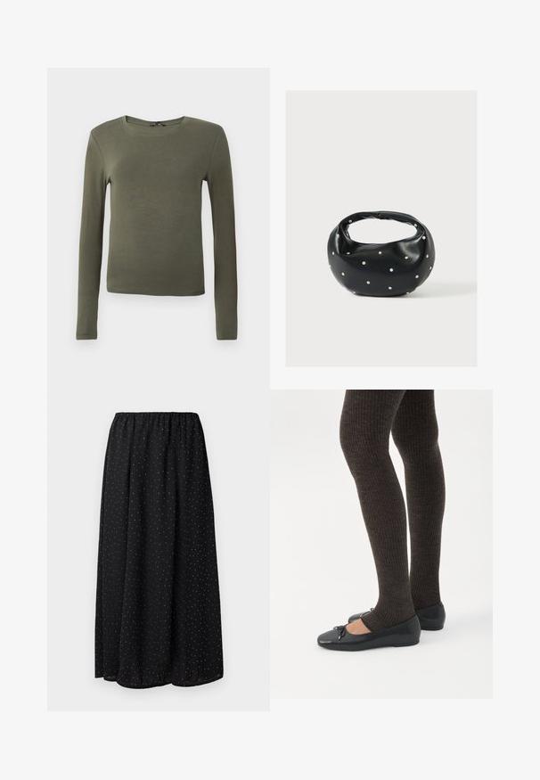 Langærmet olivengrønt top, lavet af glat stof, med en rund halsudskæring og en tætsiddende design uden mønstre eller detaljer.; Sort skirt lavet af letvægtsstof med en samlet talje. Den har et mønster af små hvide prikker over hele stoffet.; Ben iført mørke ribbede leggings kombineret med sorte balletsko med små sløjfedetaljer på hvid baggrund.; Sort læderhåndtaske med en rundet form, dekoreret med sølvnitter, og et kort håndtag. Glat tekstur og lynlåslukning.