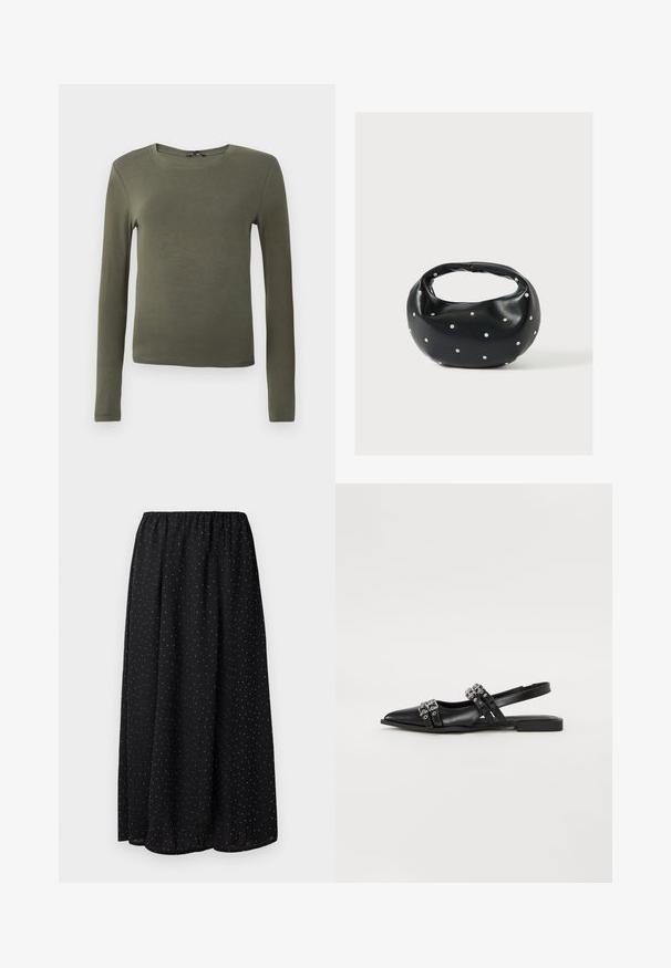 Langærmet olivengrønt top, lavet af glat stof, med en rund halsudskæring og en tætsiddende design uden mønstre eller detaljer.; Sort skirt lavet af letvægtsstof med en samlet talje. Den har et mønster af små hvide prikker over hele stoffet.; Even&Odd by Zalando Slingback-ballerinasko - black; Sort læderhåndtaske med en rundet form, dekoreret med sølvnitter, og et kort håndtag. Glat tekstur og lynlåslukning.