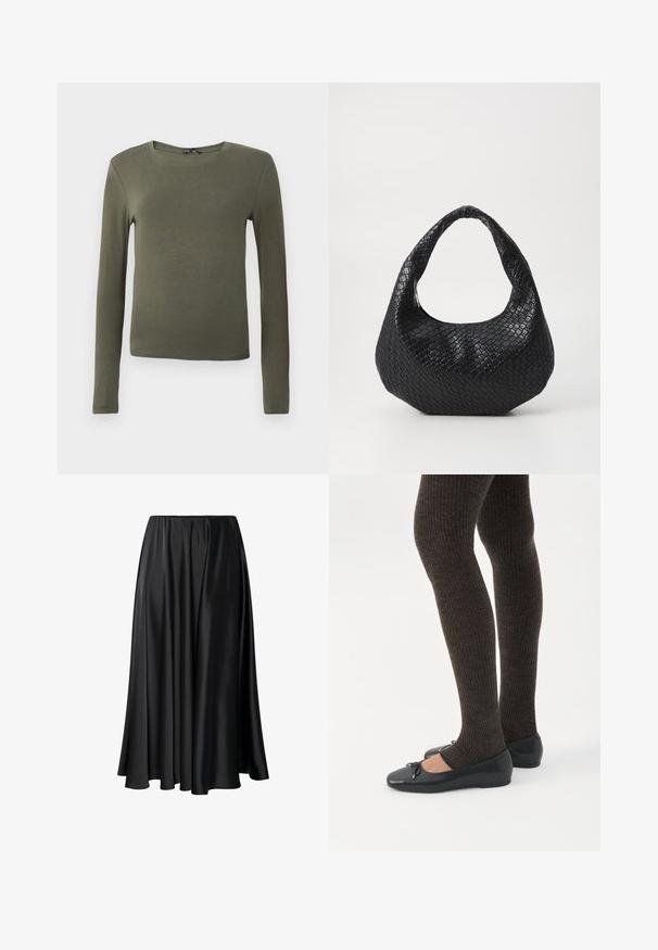 Langærmet olivengrønt top, lavet af glat stof, med en rund halsudskæring og en tætsiddende design uden mønstre eller detaljer.; Sort maxiskirt lavet af glat stof, med en elastisk talje, fuld silhuet og en flydende kant uden synlige mønstre eller detaljer.; Ben iført mørke ribbede leggings kombineret med sorte balletsko med små sløjfedetaljer på hvid baggrund.; Sort flettet håndtaske med et buet håndtag, der har en struktureret overflade og en afslappet form. Glat finish med en organisk silhuet.