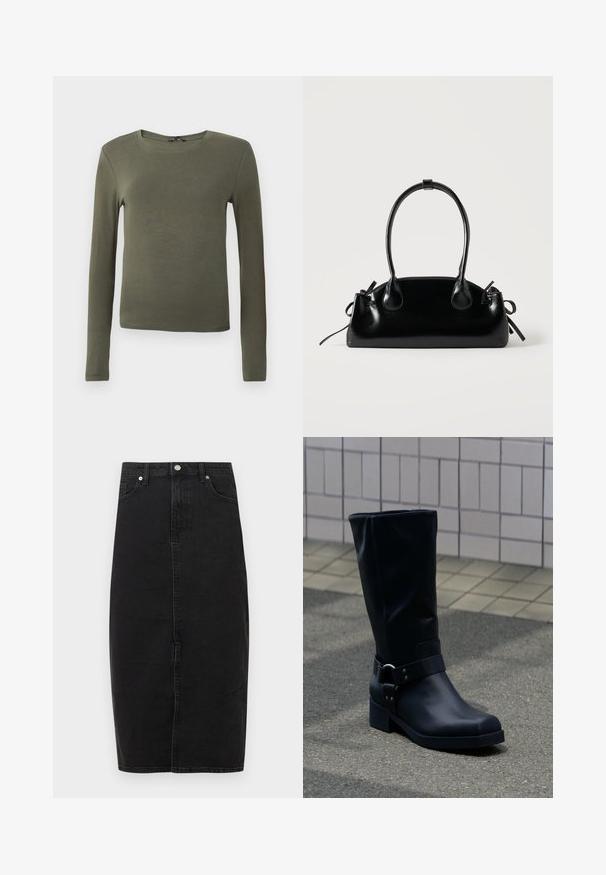 Langærmet olivengrønt top, lavet af glat stof, med en rund halsudskæring og en tætsiddende design uden mønstre eller detaljer.; Sort denimnederdel med høj talje, knælængde, forreste søm og klassisk fem-lomme-design. Har metallic knap og subtil tekstur.; Sort læderstøvle midt på læggen med lav blokhæle og en dekorativ rem med metal spænde rundt om anklen, på en flisebelagt fortov.; Lille sort blank håndtaske med to lange håndtag og snøre-detaljer i siden på en ensfarvet lys baggrund.