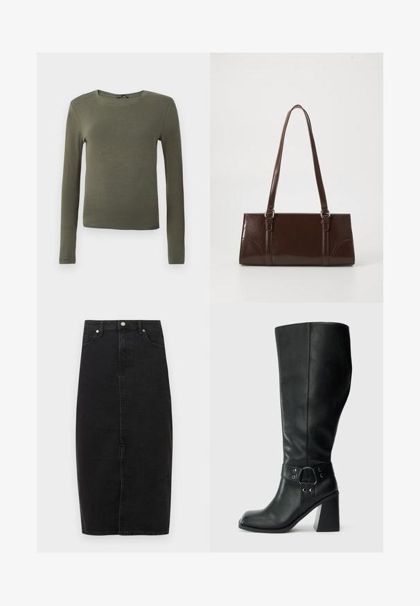 Langærmet olivengrønt top, lavet af glat stof, med en rund halsudskæring og en tætsiddende design uden mønstre eller detaljer.; Sort denimnederdel med høj talje, knælængde, forreste søm og klassisk fem-lomme-design. Har metallic knap og subtil tekstur.; Knæhøje sorte læderstøvler med firkantet tå, bred hæl og en dekorativ rem med metalaccenter omkring anklen. Glat tekstur.; Brun lakeret håndtaske med rektangulær form, to lange håndtag og subtile buede detaljer på fronten.