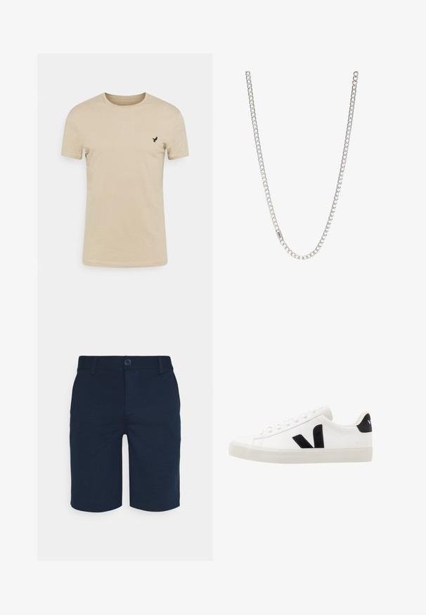 Beige kortærmet T-shirt lavet af blødt stof, med rund halsudskæring og et lille sort fugle-logo på venstre brystområde.; Marineblå shorts lavet af et glat stof med lige skæring, der har en knaplukning og to forlommer. Simpelt design uden mønstre.; Hvide lædersneakers med sorte ruskindsdetaljer; har en gummisål, rund tå og klassisk snørebåndsdesign. Side logo i sort.; Sølv kædedesign med sammenkoblede led, glat tekstur og ensartet rektangulær form. Sikker lukning.