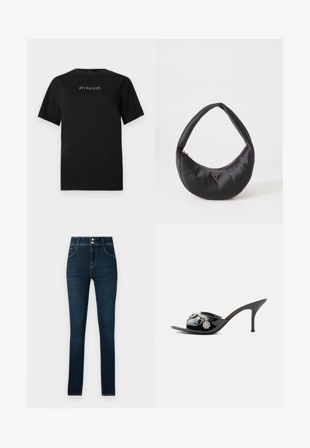 Schwarzes Baumwoll-T-Shirt mit kurzen Ärmeln und rundem Ausschnitt. Auf der Vorderseite befindet sich das "PINKO"-Logo in goldenen Buchstaben.; Dunkelblaue enge Jeans mit fünf Taschen, Reißverschluss- und Knopfverschluss sowie kontrastierender Naht, aus Denim-Stoff gefertigt.; Schwarzer Lackleder High-Heel Mule mit offenem Zehenbereich und dekorativen silbernen Anhängern, darunter eine Blume und ein Vorhängeschloss am vorderen Riemen.; Schwarze Satin-Handtasche mit geschwungener Form, ausgestattet mit einem Reißverschluss und einem dreieckigen Metallsymbol auf der Vorderseite. Glatte Textur und elegantes Design.