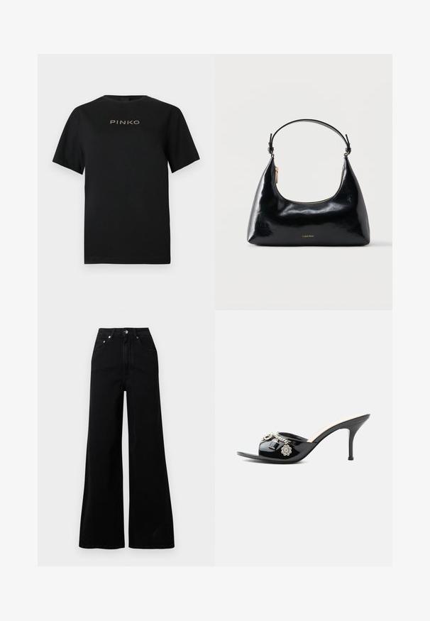 Sort bomulds-T-shirt med korte ærmer og rund halsudskæring. Fronten viser "PINKO"-logoet i gyldne bogstaver.; Sorte jeans med vide ben lavet af denim, med høj talje, fem lommer, knaplukning foran og minimal syning.; Sort laklæder højt hælet mule med åben tå og dekorative sølvcharme inklusive en blomst og hængelås på frontstroppen.; Sort blank Calvin Klein håndtaske med gyldent lynlås og kort rem mod en ensfarvet hvid baggrund.