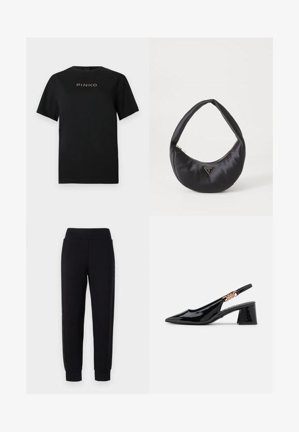 Sort bomulds-T-shirt med korte ærmer og rund halsudskæring. Fronten viser "PINKO"-logoet i gyldne bogstaver.; Sorte sweatpants med tætsiddende ben, der har en bred elastisk talje og strukturerede sidelapper. Lavet af et blødt, strækbart materiale.; Sorte patentlæder slingback pumps med spidse tæer og guldfarvet hardware på remmen, med en blokhælhøjder. Glat tekstur.; Sort satin håndtaske med en buet form, der har en lynlåslukning og et trekantet logo i metal på forsiden. Glat tekstur og slankt design.