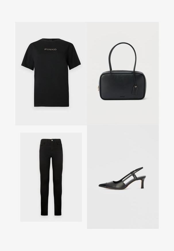 Schwarzes Baumwoll-T-Shirt mit kurzen Ärmeln und rundem Ausschnitt. Auf der Vorderseite befindet sich das "PINKO"-Logo in goldenen Buchstaben.; Schwarze Denim-Jeans mit schmaler Passform, mit Knopfverschluss, Gürtelschlaufen und Fronttaschen. Glatte Textur und klassisches Design.; Schwarzer Slingback-Schuh aus Leder mit spitz zulaufender Zehenpartie, versehen mit glänzendem Akzent auf der Vorderkappe und mittelhohem Absatz. Offenes Seitendesign.; Schwarze rechteckige Handtasche mit doppelten, abgerundeten Griffen, goldfarbenem Reißverschluss und geprägtem „HUGO“-Logo auf der Vorderseite sowie angebrachtem Lederanhänger.