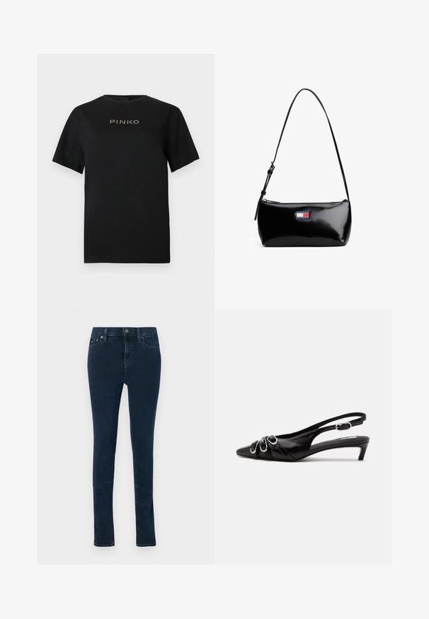 Čierne bavlnené tričko s krátkymi rukávmi a okrúhlym výstrihom. Na prednej strane je zlatý nápis "PINKO".; Tmavomodré denimové nohavice, slim fit, s stredne vysokým pásom, prednými vreckami a malým logom na zadnej strane. Štandardné šitie a lemovanie.; Čierna kožená slingback obuv so špicatou špičkou, tromi striebornými prackami vpredu a nízkym kitten podpätkom na bielom pozadí.; Čierna lakovaná kožená kabelka cez rameno s oblúkovým popruhom, zipsovým uzáverom a obdĺžnikovou logo nášivkou v červenej, bielej a modrej farbe.