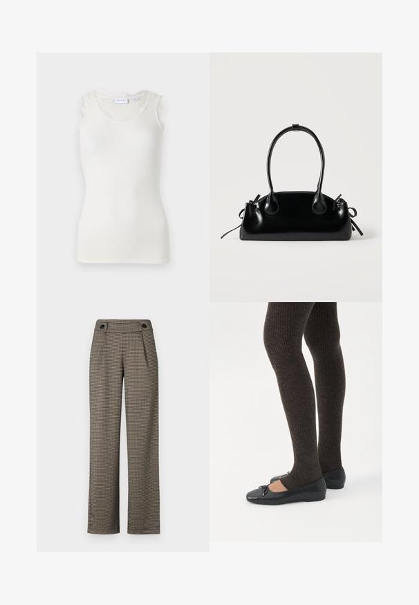 Débardeur blanc côtelé avec un col arrondi et une délicate dentelle sur les épaules. Design simple, tissu léger et coupe ajustée.; Pantalon à carreaux marron avec taille haute, présentant des plis sur les côtés et des accents de boutons noirs. Fabriqué dans un tissu tissé texturé.; Jambes portant des leggings côtelés foncés associés à des ballerines noires avec de petits détails en nœud sur fond blanc.; Petit sac à main noir brillant avec deux longues anses et des détails à cordon sur les côtés sur un fond clair uni.