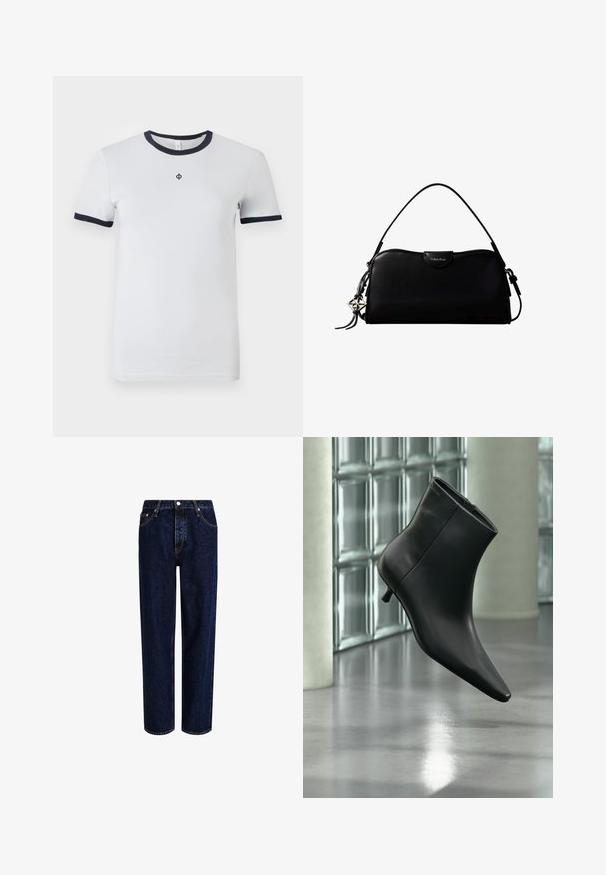 T-shirt blanc à manches courtes avec un col rond bleu marine et des poignets bleu marine. Présente un petit logo sur la poitrine. Texture de tissu lisse.; Jeans en denim bleu foncé avec une coupe droite, dotés d'une taille haute, d'un style à cinq poches et de coutures contrastantes. Sans embellissements.; Bottine en cuir noir à bout pointu et petit talon kitten, présentée en angle devant un sol poli et un mur en blocs de verre.; Sac à main rectangulaire noir Calvin Klein avec une seule sangle supérieure, un charm logo argenté et une petite fermeture à rabat sur le devant.
