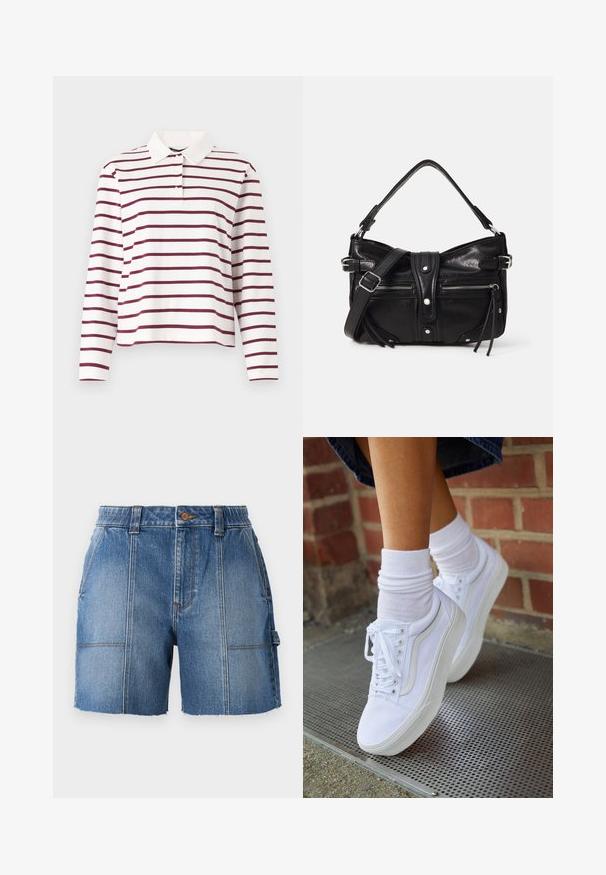 Polo de manga larga en blanco con rayas horizontales en burdeos, que presenta un diseño clásico de cuello y tapeta de botones. Material de algodón suave.; Shorts de mezclilla en azul claro con dobladillo deshilachado, que cuentan con una cintura ajustada, pasadores para cinturón y dos bolsillos frontales.; Zapatillas de lona blancas con suelas de goma, que presentan seis ojales, puntera redonda y detalles de costura ligera, combinadas con calcetines blancos hasta el tobillo.; Even&Odd H24462 - Bolso de mano - black