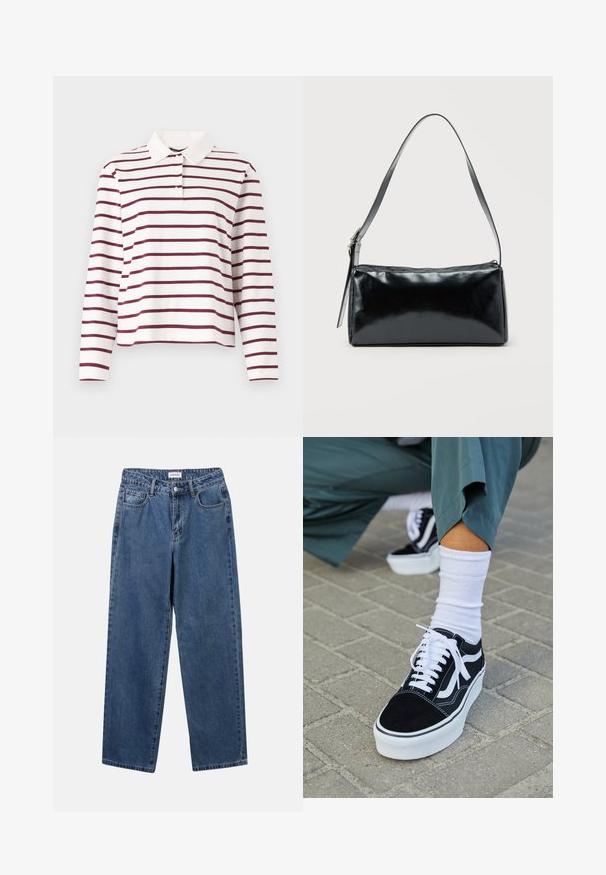 Polo de manga larga en blanco con rayas horizontales en burdeos, que presenta un diseño clásico de cuello y tapeta de botones. Material de algodón suave.; Jeans de mezclilla azul clásico con un diseño de pierna recta, cinco bolsillos y cierre de botón. Presenta un lavado medio y una textura resistente.; Zapatillas de ante negro con acentos y cordones blancos, que cuentan con una gruesa suela blanca y costuras en contraste, combinadas con un calcetín blanco.; Bolso de hombro rectangular negro con una correa ajustable y un cierre de cremallera superior sobre un fondo liso.