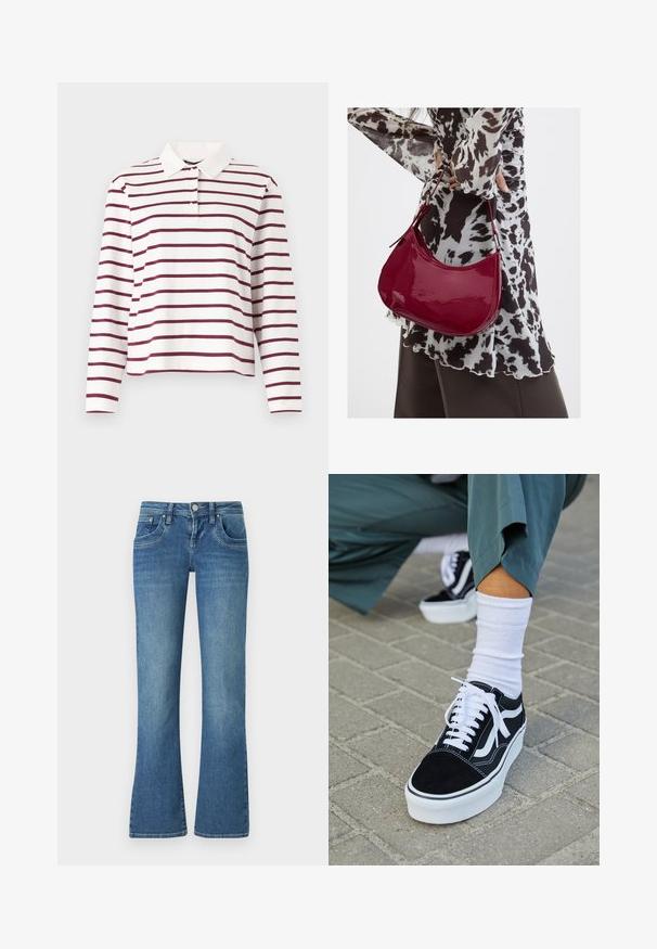 Polo à manches longues en blanc avec des rayures horizontales bordeaux, doté d'un col classique et d'une fermeture à boutons. Matériau en coton doux.; Jeans flares bleu clair en denim, dotés de cinq poches, de coutures contrastées et d'une fermeture à bouton à la taille.; Baskets en suède noir avec des accents et des lacets blancs, présentant une épaisse semelle blanche et des coutures contrastantes, associées à une chaussette blanche.; Femme portant un chemisier à motif noir et blanc tenant un sac à main rouge brillant sur un fond uni.