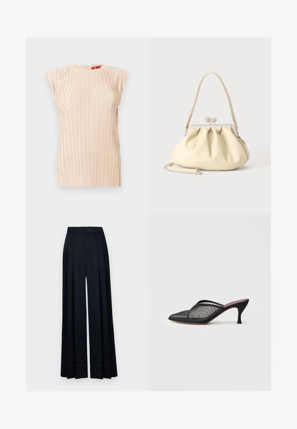 Blouse plissée beige sans manches avec encolure ronde et texture verticale subtile, présentée sur un fond blanc.; Pantalon large bleu marine taille haute, avec passants de ceinture, plis à l'avant et ourlet droit.; Mule en mesh noir avec un bout pointu, de fines lanières et un talon stiletto de 3 pouces. Présente une texture transparente et une semelle tonale solide.; Sac à main en cuir souple couleur crème avec un design froncé, fermoir cadre argenté, poignée courte et bandoulière chaîne amovible.