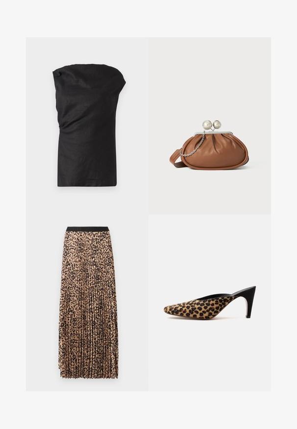 Sort ærmeløs top i et let, struktureret stof. Har en draperet halsudskæring og en afslappet pasform med en lige kant.; Plisseret maxinederdel i beige med sort leopardprint. Har en sort taljebånd, blød tekstur og flydende design.; Mule sko med spids tå med leopardprint øverdel og sort midhøj stilet hæl på ensfarvet hvid baggrund.; Brun læder clutch-pung med sølv kugleklap og en lille sølv kædedetalje på en hvid baggrund.