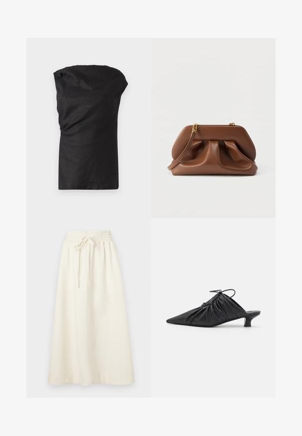 Zwarte mouwloze top van een lichte, gestructureerde stof. Beschikt over een gedrapeerde halslijn en een losse pasvorm met een rechte zoom.; Soulland MEIR SKIRT - Maxirok - white; Zwarte leren instappers met een spitse neus, gegatherde textuur en een kleine kittenhiel. Heeft een trekkoorddetail aan de opening.; Bruine leren clutch met een geplooid ontwerp, goudkleurige hardware en afneembare polsband, op een witte achtergrond.