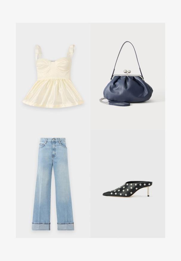 Top de satén amarillo claro con un cuerpo ajustado, falda fruncida y tirantes de cinta. Detalles texturizados visibles en la parte frontal.; Jeans anchos de color azul claro hechos de denim, con una cintura alta, dobladillos enrollados y un diseño clásico de cinco bolsillos. Acabado limpio con un desgaste mínimo.; STAND STUDIO KELSEY - Mules de tacón - black; Bolso de mano de cuero azul marino suave con cierre de broche plateado, una correa de hombro y correa de cadena desmontable para la muñeca sobre fondo blanco.