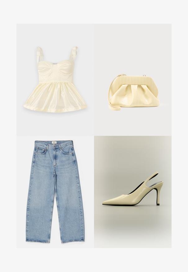 Haut en satin jaune clair avec un corsage ajusté, une jupe froncée et des bretelles en ruban. Détails texturés visibles sur le devant.; Agolde Jean baggy - light-blue denim; Escarpin slingback beige à bout pointu, talon fin et finition brillante sur fond neutre.; Pochette en cuir couleur crème avec un cadre supérieur structuré et une lanière pour poignet, présentée sur un fond clair uni.