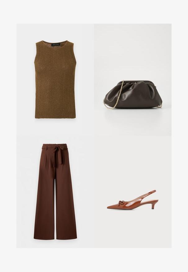 Haut tricoté marron côtelé sans manches avec détail scintillant et col rond, conçu pour les femmes.; Pantalon marron taille haute à jambes larges avec plis et ceinture en tissu nouée en nœud à la taille.; Escarpin à talon kitten slingback en cuir verni marron avec bout pointu et petit nœud décoratif sur le dessus.; Sac à main en cuir marron avec un design froncé, une bandoulière en chaîne dorée et une finition douce et texturée. Sa forme compacte est idéale pour une utilisation en soirée.