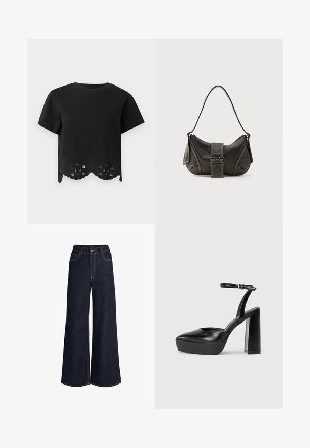 Top noir à manches courtes avec encolure ronde, avec un détail en dentelle florale découpée le long de l'ourlet festonné.; Jean en denim bleu foncé à jambes larges avec bouton et fermeture éclair devant, poches avant et poche monnaie, avec des coutures contrastées visibles.; Escarpins noirs à plateforme avec un bout pointu et une sangle réglable à la cheville. Conçus en cuir lisse, avec un large talon bloc.; Sac à épaule en cuir noir avec une sangle à boucle, des bords arrondis et des coutures blanches contrastées sur un fond uni.