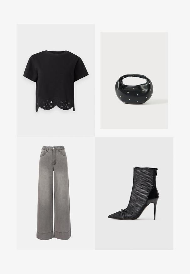 Top noir à manches courtes avec encolure ronde, avec un détail en dentelle florale découpée le long de l'ourlet festonné.; Pantalon large en jean gris taille haute avec ceinture tressée, poches avant, fermeture à boutons et ourlets retroussés.; Bottines en maille noire avec un bout pointu, un talon aiguille et un détail de nœud décoratif à l'avant. Présente une finition brillante au niveau du talon et de la fermeture éclair.; Sac à main en cuir noir de forme arrondie, décoré de clous argentés et équipé d'une poignée courte. Texture lisse et fermeture éclair.