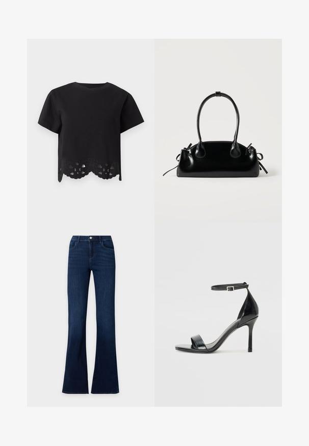Top noir à manches courtes avec encolure ronde, avec un détail en dentelle florale découpée le long de l'ourlet festonné.; Jean en denim bleu foncé avec jambes évasées, poches avant et fermeture à bouton à la taille.; Sandale à talon haut en cuir verni noir avec un bout ouvert, une seule lanière à l'avant et une lanière de cheville ajustable.; Petit sac à main noir brillant avec deux longues anses et des détails à cordon sur les côtés sur un fond clair uni.