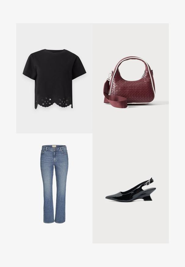Top noir à manches courtes avec encolure ronde, avec un détail en dentelle florale découpée le long de l'ourlet festonné.; Jeans en denim bleu moyen, coupe droite, avec fermeture à boutons et à glissière à l'avant, passants de ceinture, et poches avant et arrière.; Chaussure slingback en cuir verni noir avec bout pointu et petit talon bloc incliné sur fond clair uni.; Sac à main en cuir tressé marron foncé avec poignée courbée, garniture blanche, fermeture éclair argentée et bandoulière large en tissu amovible sur fond uni.