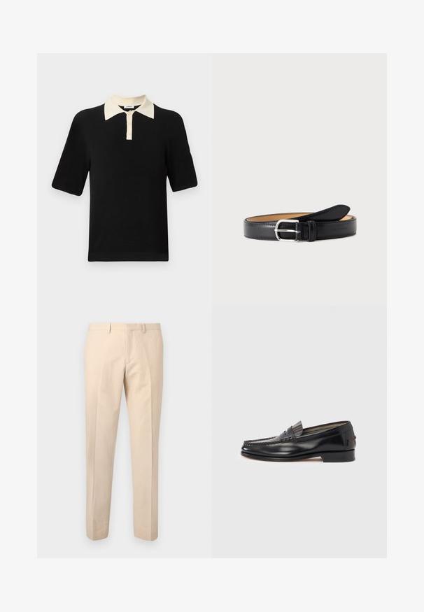 Polo noir à manches courtes avec un col crème et trois boutons crème sur la patte de boutonnage avant.; Pantalon beige à coupe slim avec passants de ceinture, fermeture éclair à l'avant et pli marqué sur les jambes, présenté sur un fond gris clair.; Mocassins en cuir noir avec un design de style mocassin, présentant une bande décorative et un détail de couture sur le dessus. Talon bloc bas.; Ceinture en cuir noir avec boucle rectangulaire argentée, roulée avec la boucle vers l'avant sur un fond clair uni.