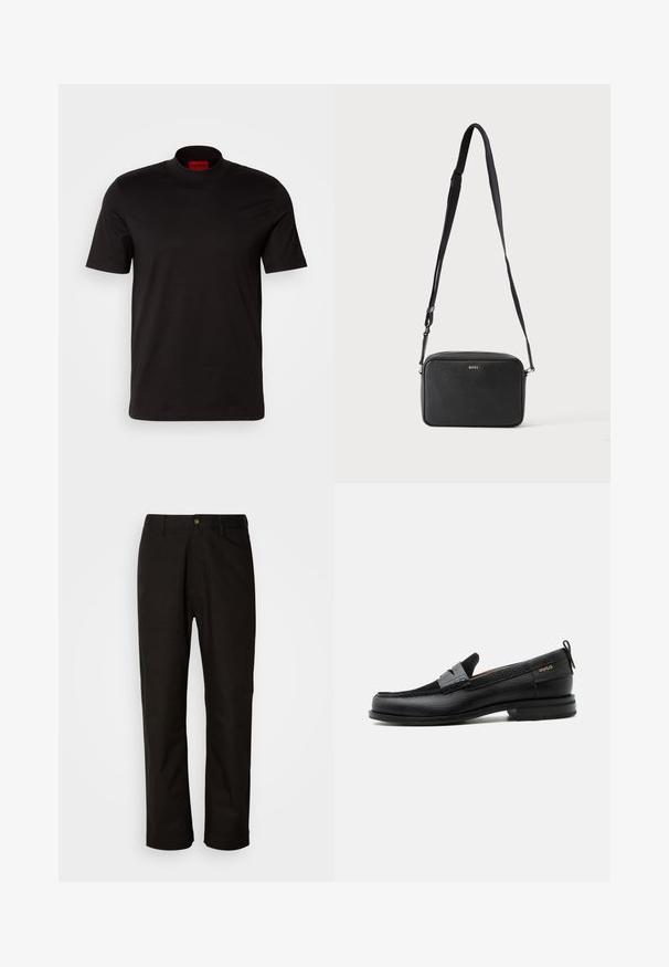 Schwarzes T-Shirt mit kurzen Ärmeln und hohem Kragen. Hergestellt aus glattem Stoff. Verfügt über ein rotes Markenlabel am inneren Kragen.; Schwarze Baumwollhosen mit geradem Schnitt, Gürtelschlaufen, einem Reißverschluss vorne und einem einzelnen Knopfverschluss. Glatte Textur ohne sichtbare Muster.; Schwarzer Lederloafer mit grauem Riemendetail, niedrigem Absatz und strukturierter Sohle, seitlich mit „HUGO“ in Gold gebrandmarkt.; Schwarze rechteckige Umhängetasche mit verstellbarem Riemen und BOSS-Logo auf der Vorderseite, vor einem einfarbigen hellen Hintergrund.