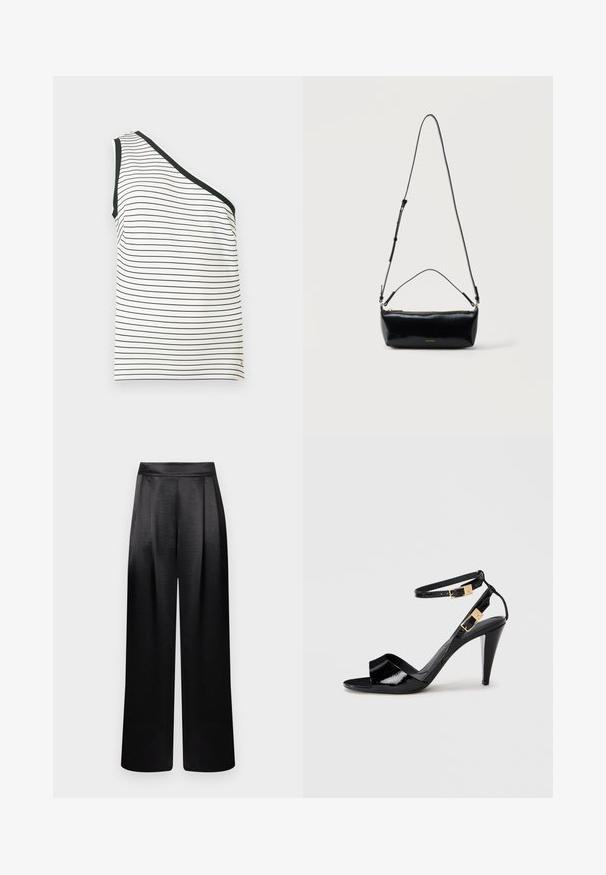 Λευκό τοπ με έναν ώμο, με λεπτές μαύρες οριζόντιες ρίγες και μαύρο περίγραμμα κατά μήκος του ντεκολτέ και της μασχάλης.; Παντελόνια με φαρδιά πόδια από μαύρο σατέν με ομαλή υφή, διαθέτοντας πιέτες μπροστά και ψηλή μέση, προσφέροντας ένα δομημένο αλλά ρέον σχέδιο.; Μαύρα παπούτσια από πατεντέ δέρμα με ψηλή φτέρνα, διπλές λουριά στον αστράγαλο και χρυσούς αγκράφες, ανοιχτό δάχτυλο και λεπτή, κωνική φτέρνα σε ουδέτερο φόντο.; Μαύρη ορθογώνια δερμάτινη τσάντα χιαστί με ρυθμιζόμενο λουράκι ώμου, επάνω φερμουάρ και μικρό χρυσό λογότυπο Calvin Klein στο μπροστινό μέρος.