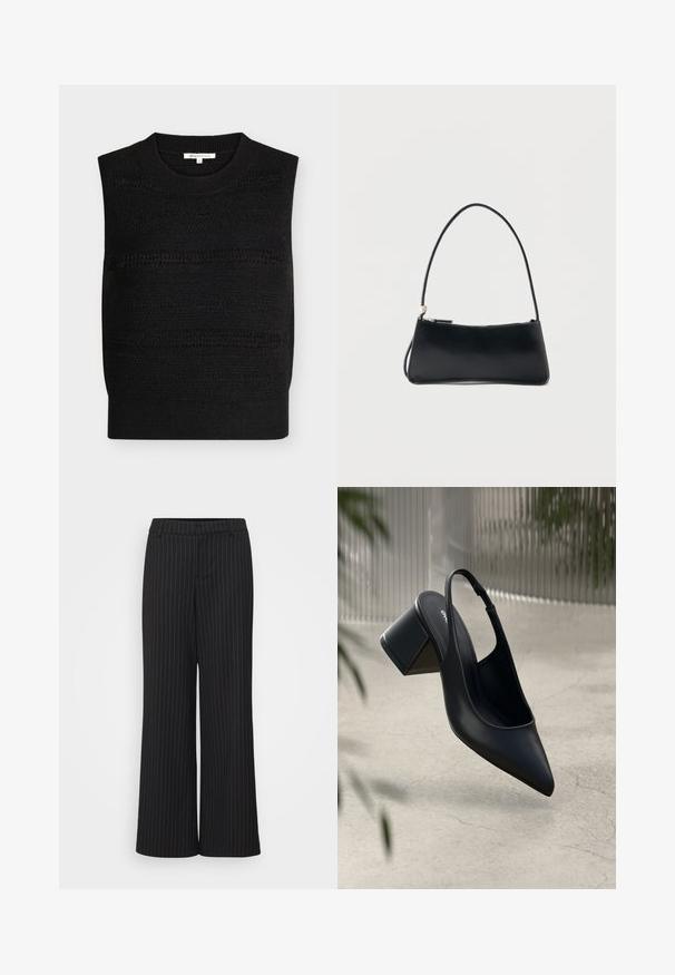 Veste sans manches en maille noire avec motifs horizontaux texturés et col rond, taille petite.; Pantalons larges noirs avec des rayures blanches, en tissu lisse, présentant une taille plate et un design ajusté pour un fit structuré.; Escarpin noir en cuir avec un bout pointu et un talon bloc. Texture lisse, design minimaliste et bride de cheville réglable.; Sac à main rectangulaire noir avec une fine bandoulière et fermeture éclair, présenté sur un fond blanc uni.