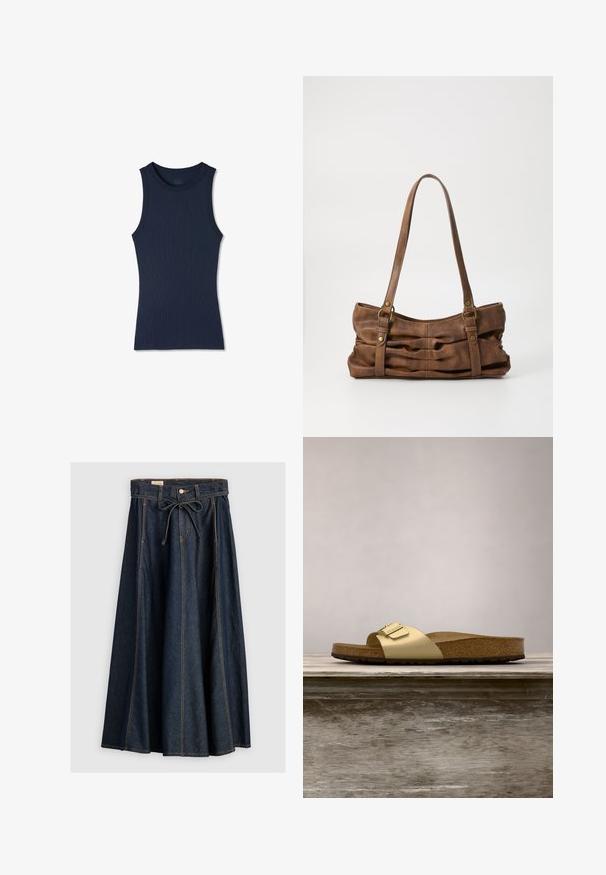 Navyblå ærmeløs ribstrikket tanktop med rund halsudskæring, figursyet og uden synlige mønstre eller logoer.; Levi's® XL SKIRT - Denimnederdele - square circle; Gyldne syntetiske slidesandaler med en enkelt rem og spændeaccent, der har en brun korksål og en tekstureret gummisål.; Even&Odd by Zalando Håndtasker - brown