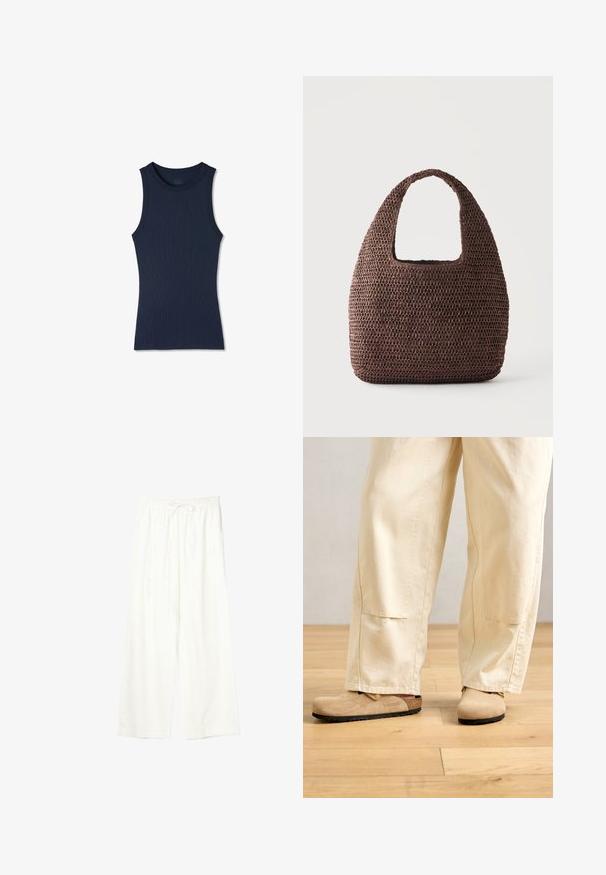 Marineblaues ärmelloses, geripptes Tanktop mit rundem Ausschnitt, figurbetontem Schnitt und ohne sichtbare Muster oder Logos.; Weiße Hose mit weitem Bein, elastischem Bund und Kordelzug, aus leichtem Stoff.; Beige weite Hose, getragen mit tanfarbenen Wildleder-Birkenstock-Clogs auf einem hellen Holzboden.; Braune gehäkelte Tote-Tasche mit breitem Griff und abgerundeter rechteckiger Form auf einfarbig hellem Hintergrund.