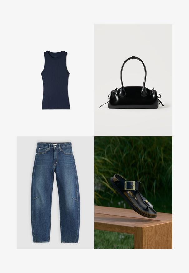 Navyblå ærmeløs ribstrikket tanktop med rund halsudskæring, figursyet og uden synlige mønstre eller logoer.; Mørkeblå denim jeans med lige ben-design, der har forkæbbes lommer, kontrastsyninger og en subtil falmet tekstur på benene.; Sort læder tanga-sandal med stor guldbeklædt spænde svævende over en træbænk, grønne græsser og planter i baggrunden.; Lille sort blank håndtaske med to lange håndtag og snøre-detaljer i siden på en ensfarvet lys baggrund.