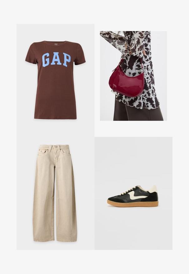 T-shirt marron à manches courtes avec le mot GAP en grandes lettres bleu clair sur la poitrine, présenté sur un fond uni.; Jean beige à jambes larges avec cinq poches et coutures visibles aux genoux, présenté à plat sur un fond uni gris clair.; Baskets en daim et cuir noir avec un swoosh latéral crème et un talon crème clair. Dotées de lacets beige et d'une semelle en caoutchouc gomme.; Femme portant un chemisier à motif noir et blanc tenant un sac à main rouge brillant sur un fond uni.