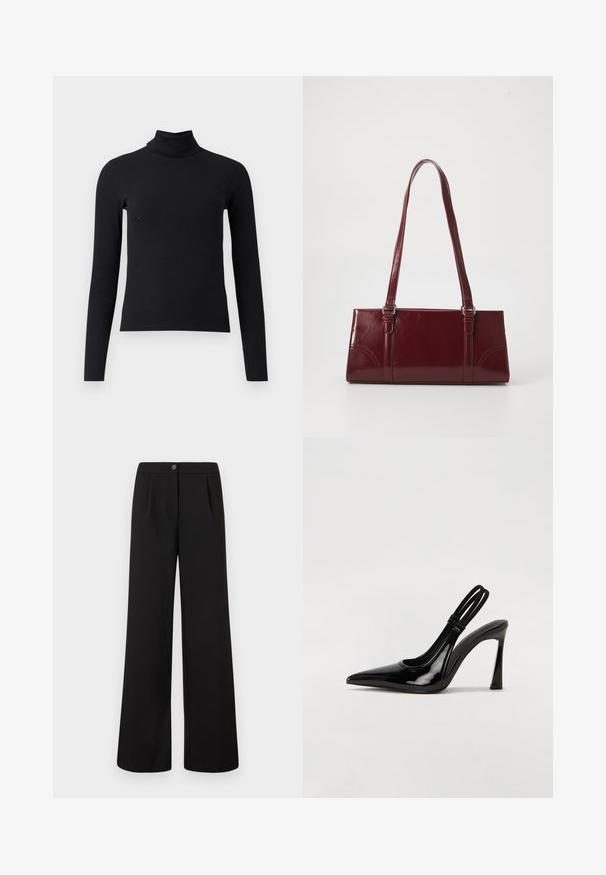 Sort ribbet turtleneck sweater med lange ærmer, tætsiddende design, glat tekstur og høj krave. Ingen synlige mønstre eller udsmykninger.; Sorte højtaljede bukser med brede ben, der har frontknap og lynlås-lukning, og med subtile plisseringer under taljen.; Sorte patenterede lædersædler med spidse tæer, slank høj hæl og dobbelt elastisk rem for sikker pasform. Glat, skinnende overflade.; Bordeaux håndtaske lavet af glansfuldt materiale, rektangulær form, med to skulderremme og subtile buede detaljer på forsiden.