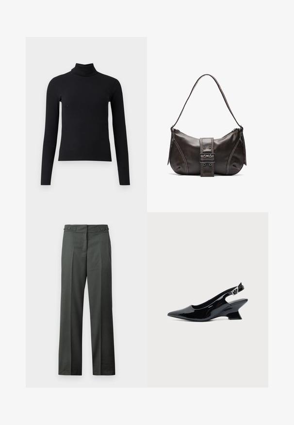 Sort ribbet turtleneck sweater med lange ærmer, tætsiddende design, glat tekstur og høj krave. Ingen synlige mønstre eller udsmykninger.; Mørkegrå bukser med lige ben, frontfolder og justerbar sidespænde ved taljen mod en hvid baggrund.; Sort laklæder slingback sko med spids tå og lav vinklet blokhæl på ensartet lys baggrund.; Brun læder skuldertaske med en buet form, der har et fremtrædende spænde, kontrasterende syninger og en enkelt skulderrem.