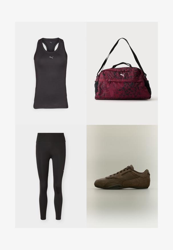 Sort atletisk tanktop med racerback-design, lavet af glat stof, med et lille gråt logo i midten på fronten.; Sorte leggings med høj talje og fuld længde i glat stof med minimal syning, vist på en simpel lys baggrund.; Mørkebrun ruskind Puma-sneaker med snørebånd, side logo og lavprofileret gummisål på en neutral baggrund.; Rød og sort sportstaske med pletter, med frontlynlåslomme, sorte netlommer i siderne, dobbelte håndtag og justerbar skulderstrop.