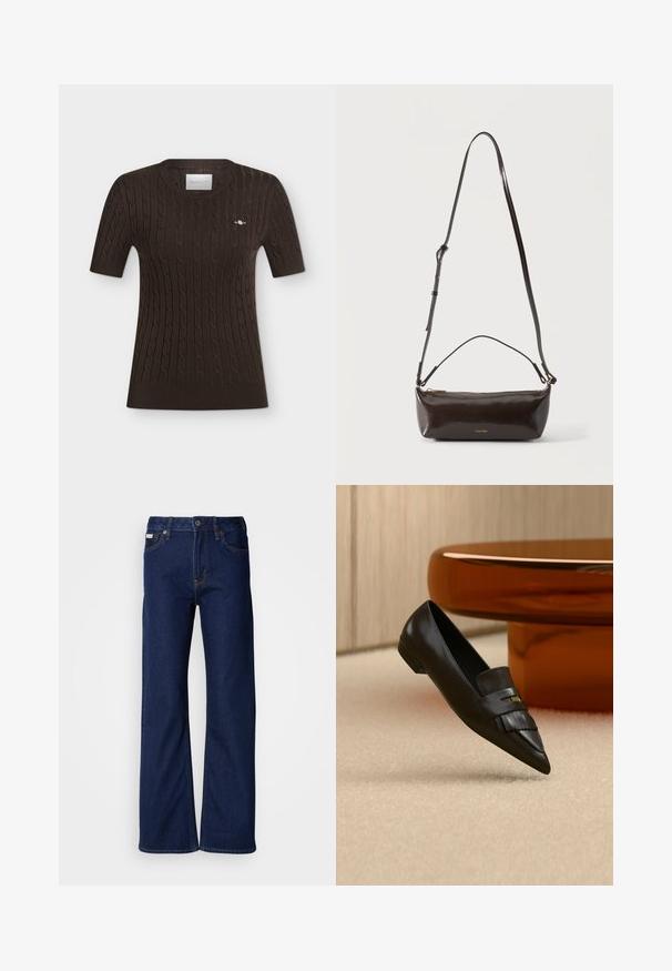 Pull en maille marron foncé à manches courtes avec motif torsadé, poignets et ourlet côtelés, et un petit logo brodé sur la poitrine gauche.; Jeans en denim bleu foncé avec un design à jambes larges, une coupe droite, cinq poches et une fermeture éclair à l'avant. Détails de surpiqûres le long des coutures.; Mocassin en cuir noir à bout pointu avec détail de franges, positionné sur un tapis beige près d'une table ronde en verre orange.; Petit sac à bandoulière en cuir marron foncé brillant avec bandoulière réglable, poignée supérieure et fermeture éclair dorée.