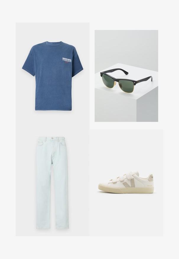 Camiseta casual azul de algodón, con mangas cortas y cuello redondo; tiene el logo "Paradiso Hotel" impreso en el lado izquierdo del pecho.; Vaqueros de tiro recto de color azul claro, hechos de denim, con cierre de botón, sutiles desgastes y diseño de cinco bolsillos.; Zapatillas de cuero blancas con correas de Velcro, acentos beige, punta redondeada, suela de goma texturizada y logo en relieve. Diseño minimalista.; Gafas de sol Ray-Ban con lentes verdes, montura de plástico negro y acentos dorados en los bordes. Forma cuadrada con acabado mate.